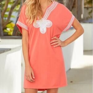Cabana Life Dress Coral Tides French Terry Embroidery Preppy Coastal Pink Size M